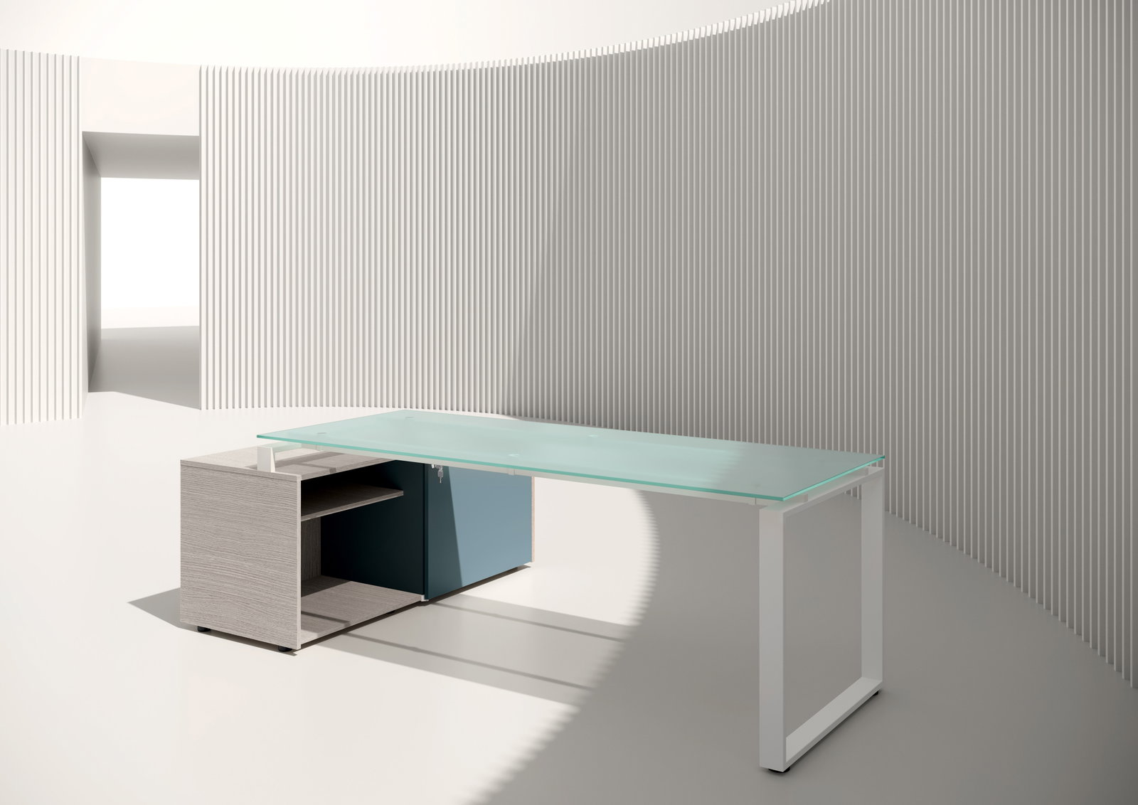 Scrivania Loft piano in vetro con mobile portante