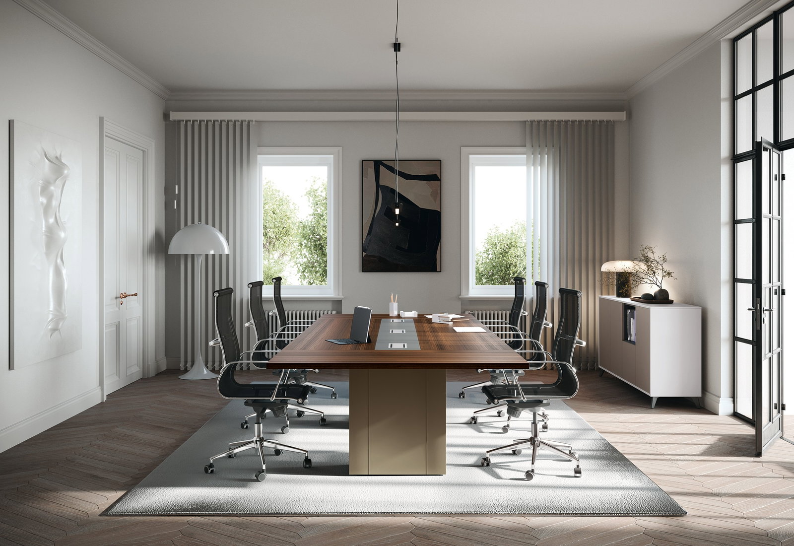 Tavolo riunione con base metallo e top access , serie Go steel