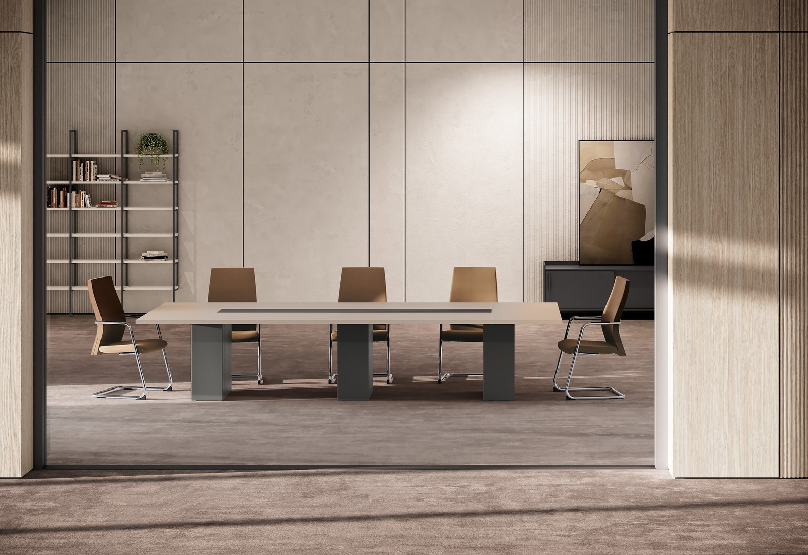 Tavolo riunione con base metallo e top access , serie Go steel