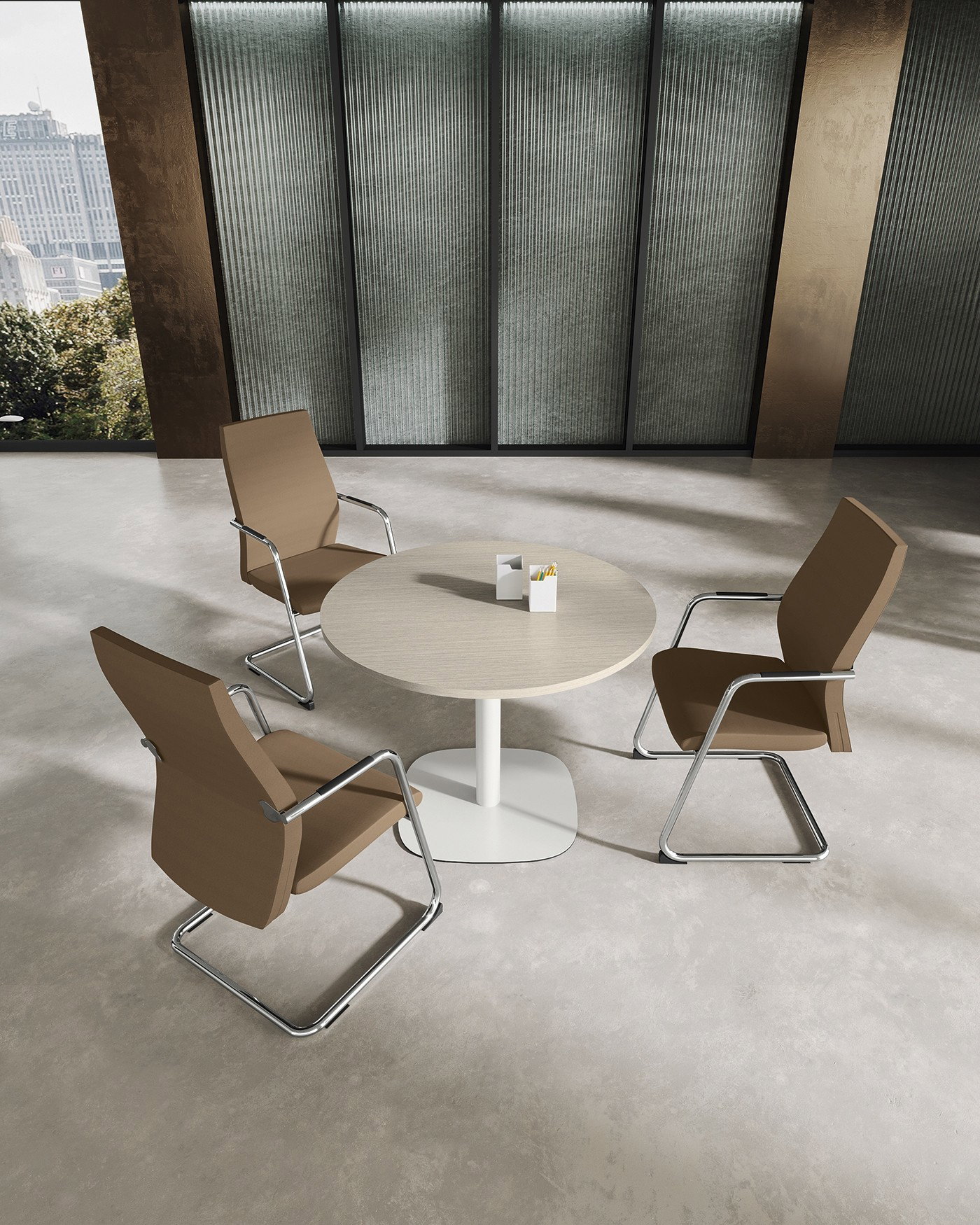 Tavolo riunione tondo con basamento metallico serie Teko