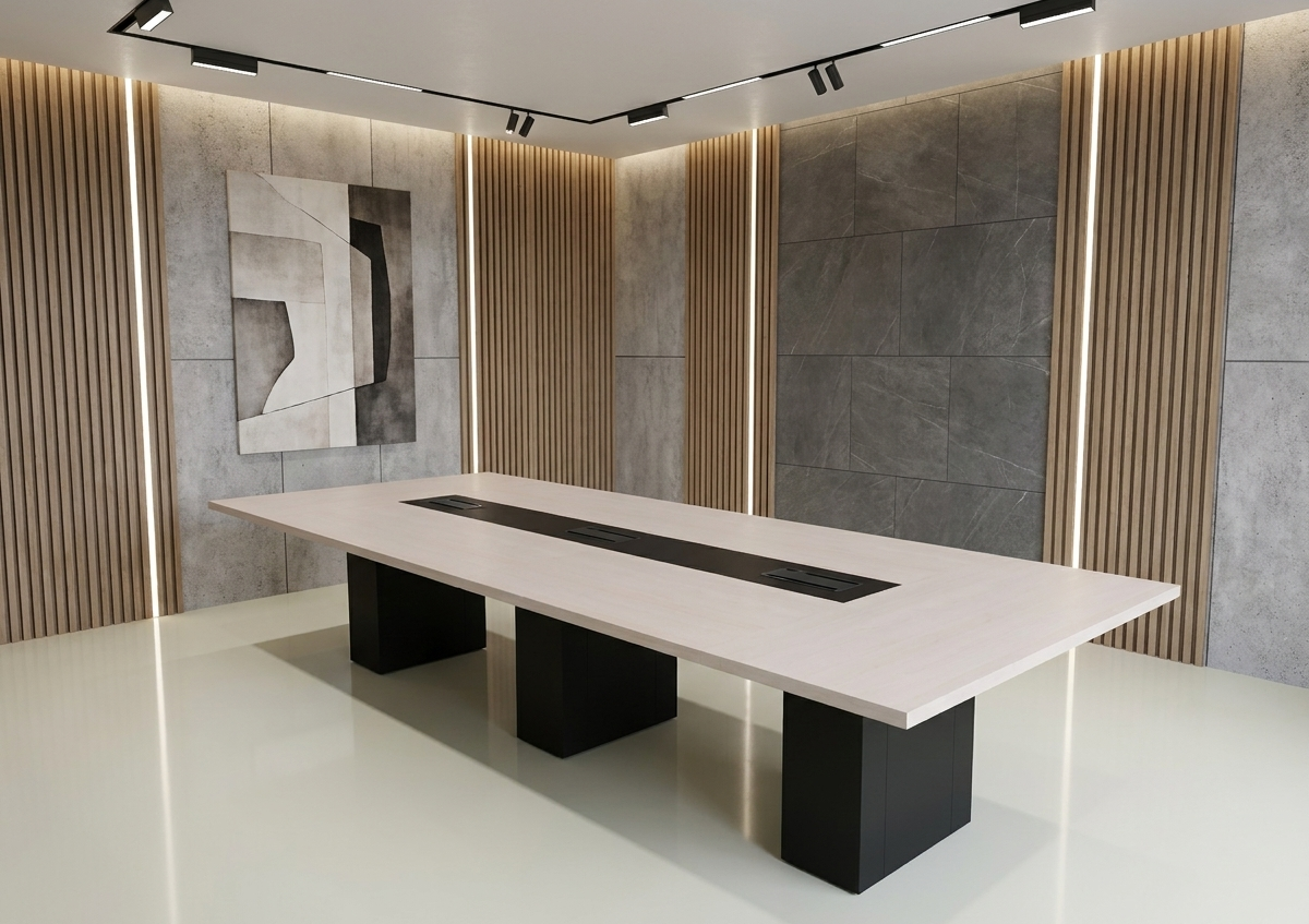 Tavolo riunione con base metallo e top access , serie Go steel