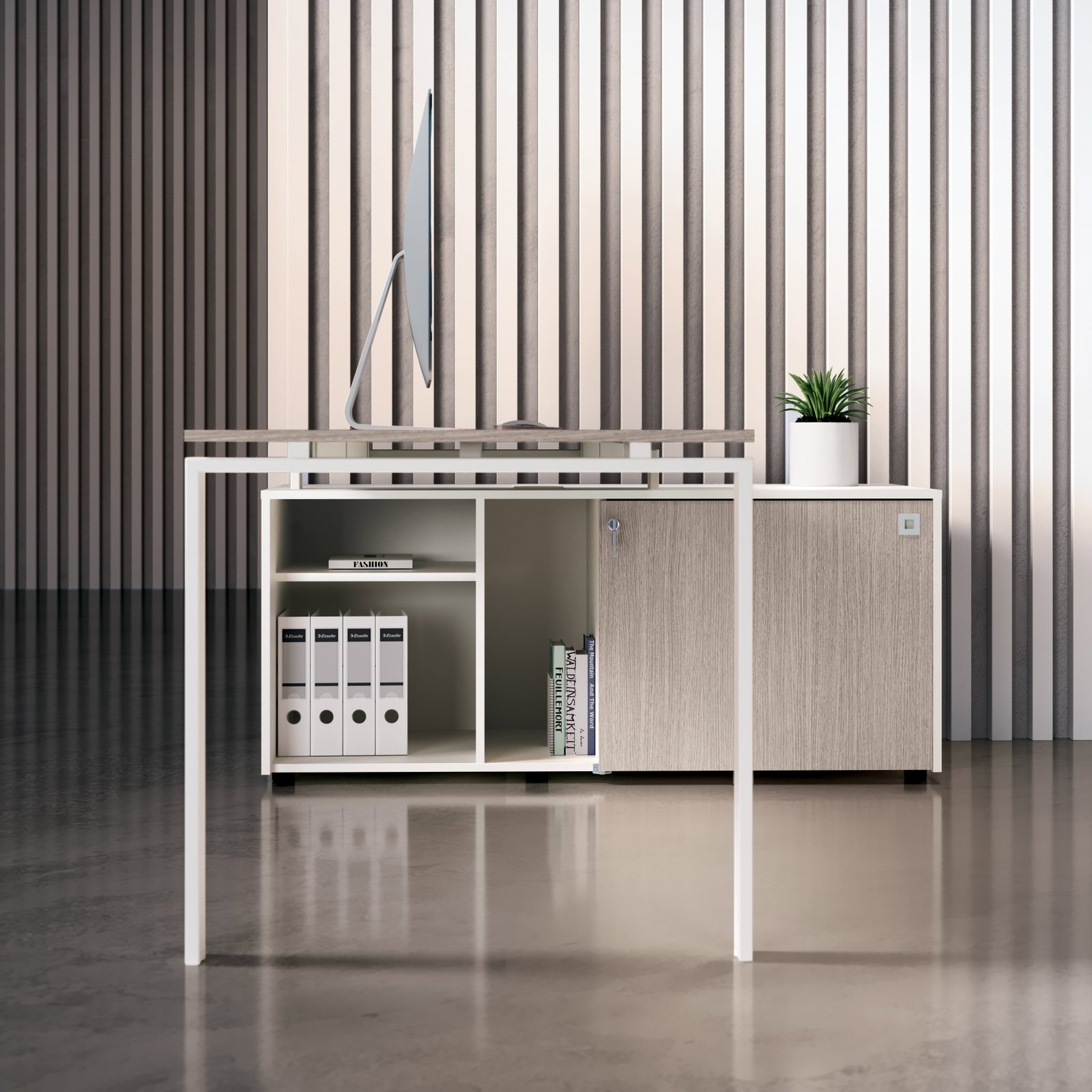 Scrivania Loft operativa con base anello aperto , con mobile portante