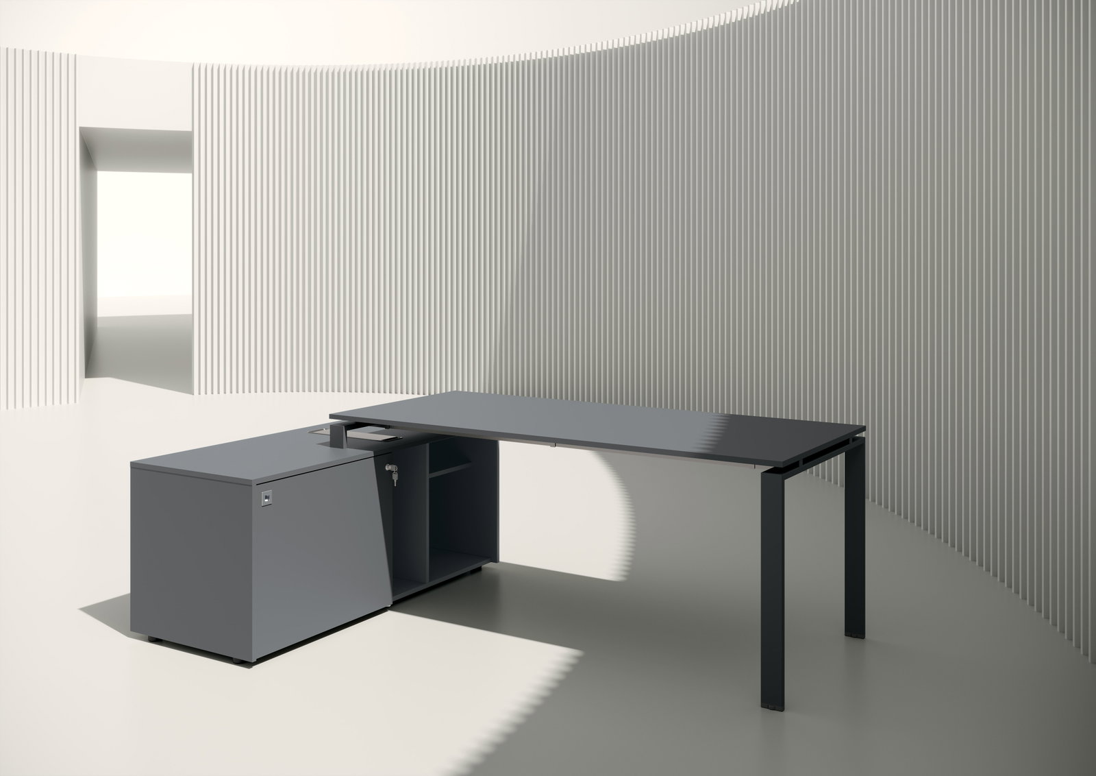 Scrivania Loft operativa con base anello aperto , con mobile portante