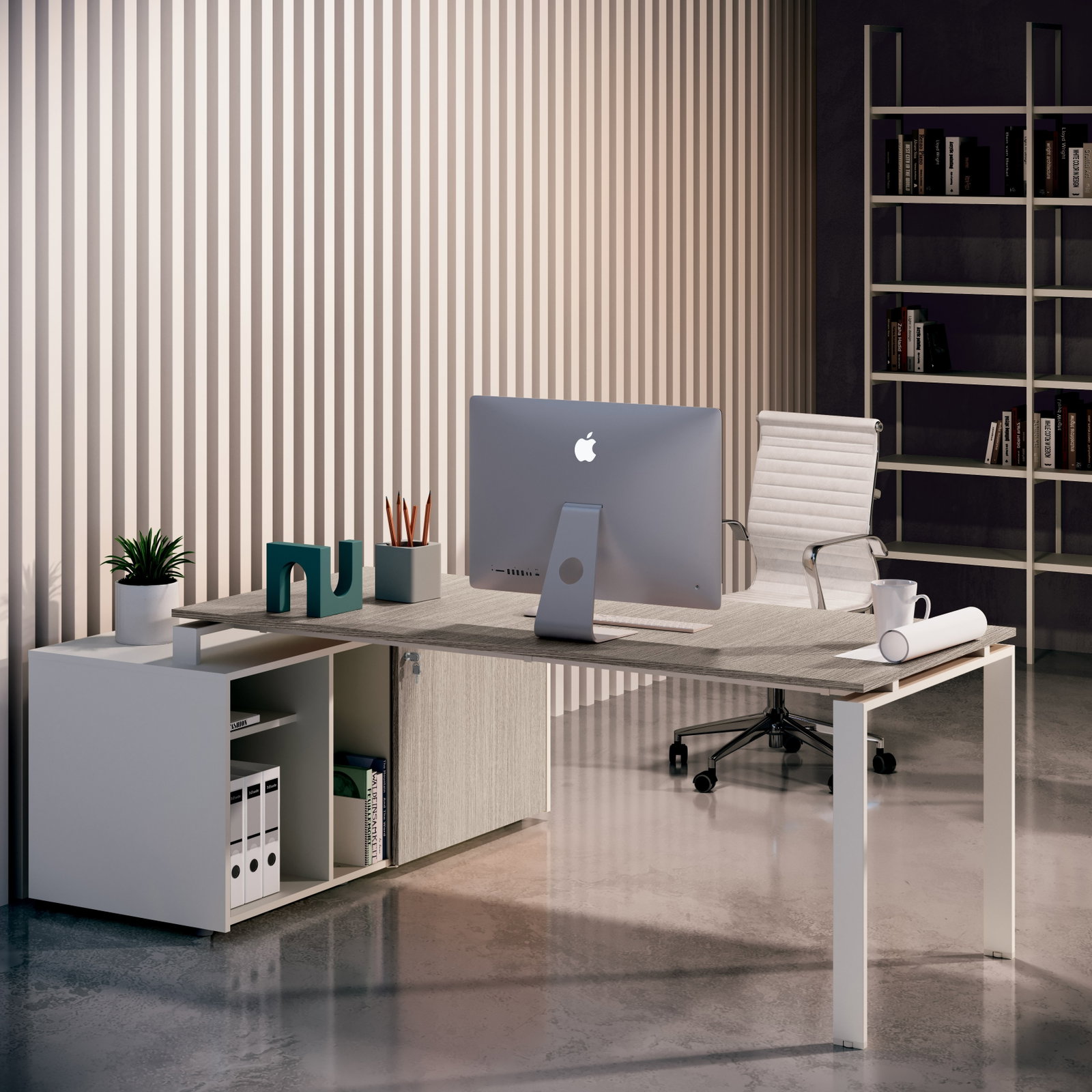Scrivania Loft operativa con base anello aperto , con mobile portante