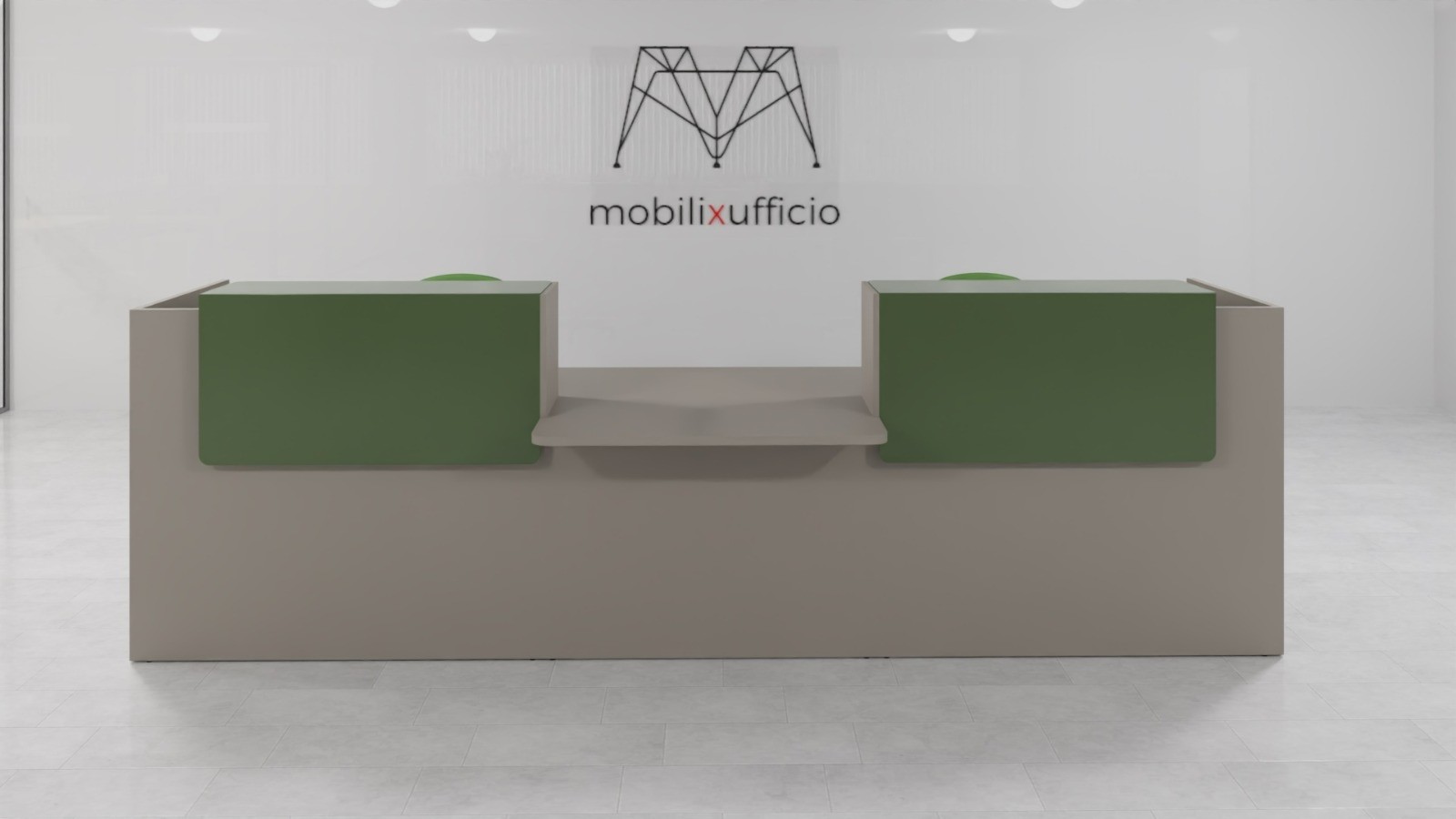 Reception con modulo di conversazione centrale , mensole in metallo